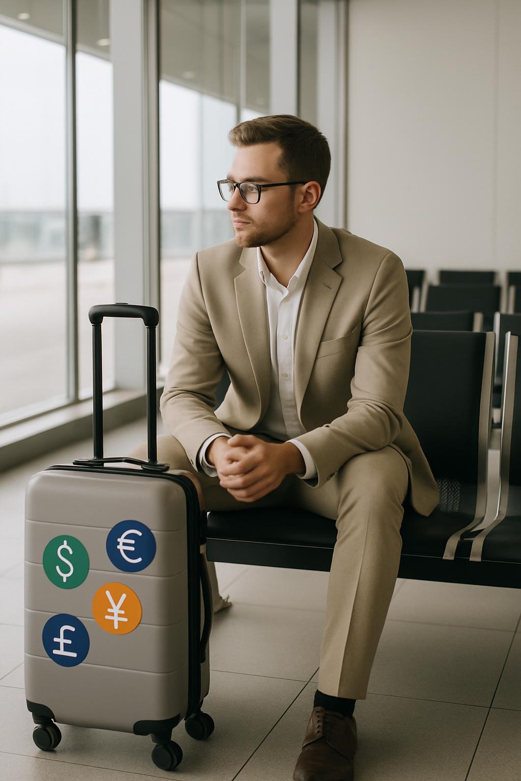 A man in a tan suit sits on an airport bench next to a suitcase featuring foreign currency symbols.
