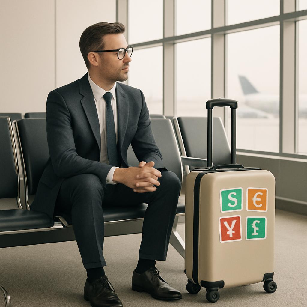 A professional man in a suit sitting on an airport chair, beside a tan suitcase with currency symbols on it.