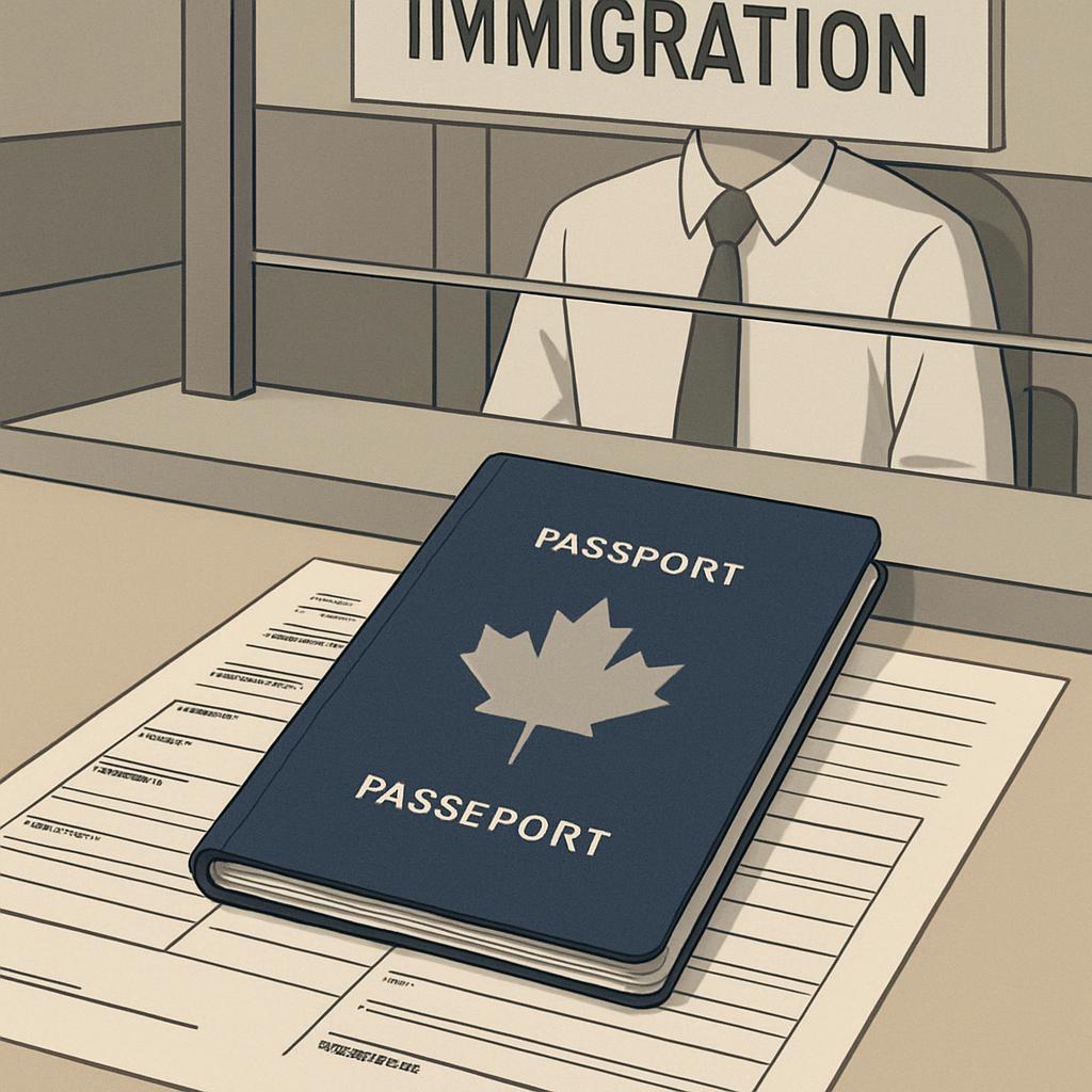 A cartoon drawing of a US passport sitting on an application data sheet at an immigration desk.