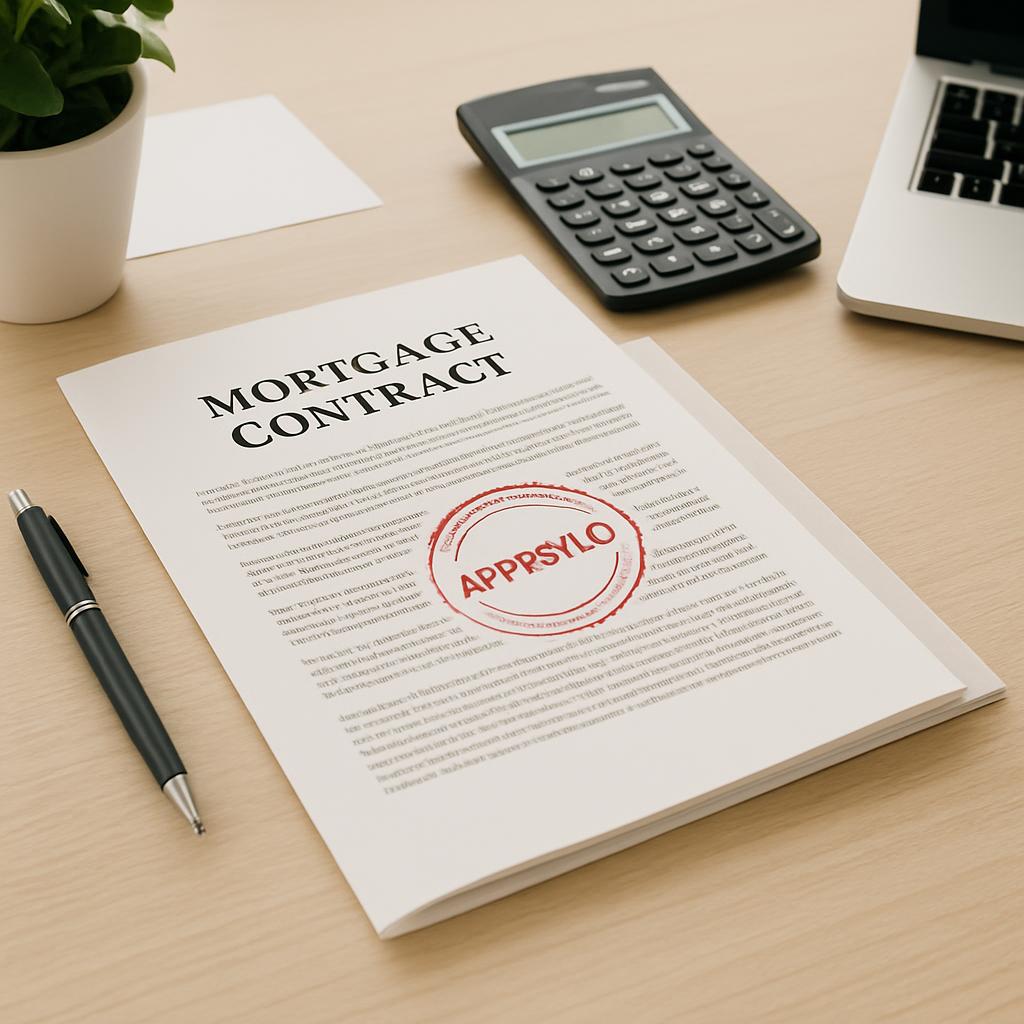 This is an image of a beige desk with a mortgage contract, calculator, and pen.