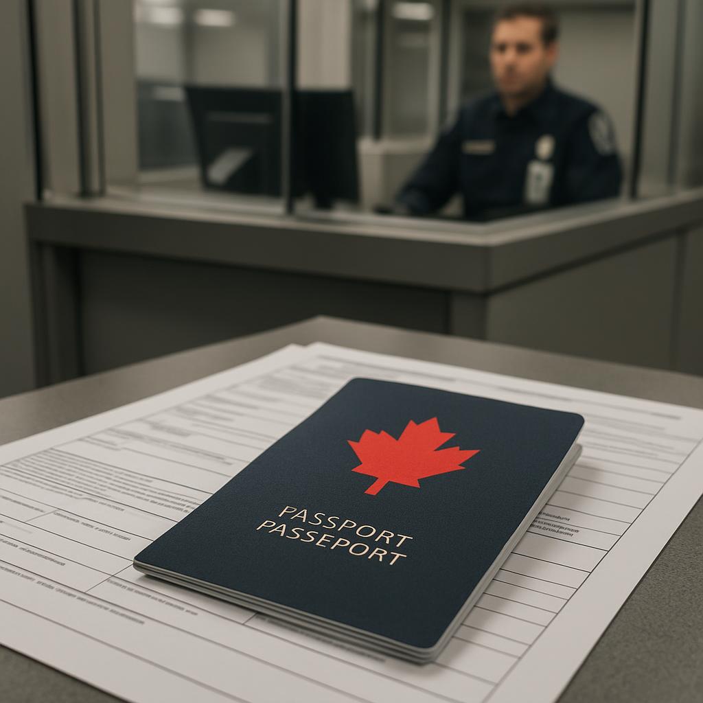 A Canadian passport placed on a piece of paper, with a blurry border patrol agent seen through a window behind it, likely ...