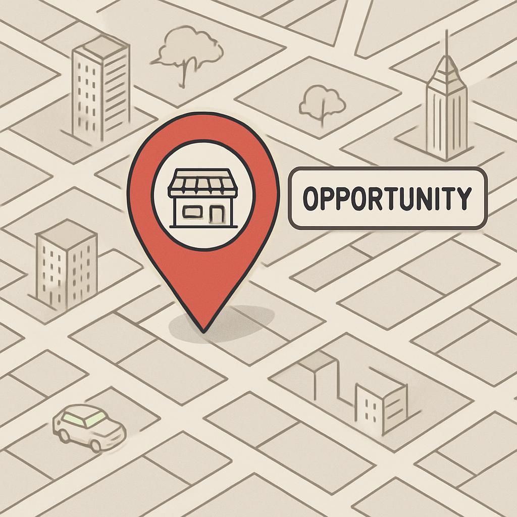 Maps, buildings, car, tree, and a building in a shop-front icon, all used as visual aids for an "OPPORTUNITY" infographic.